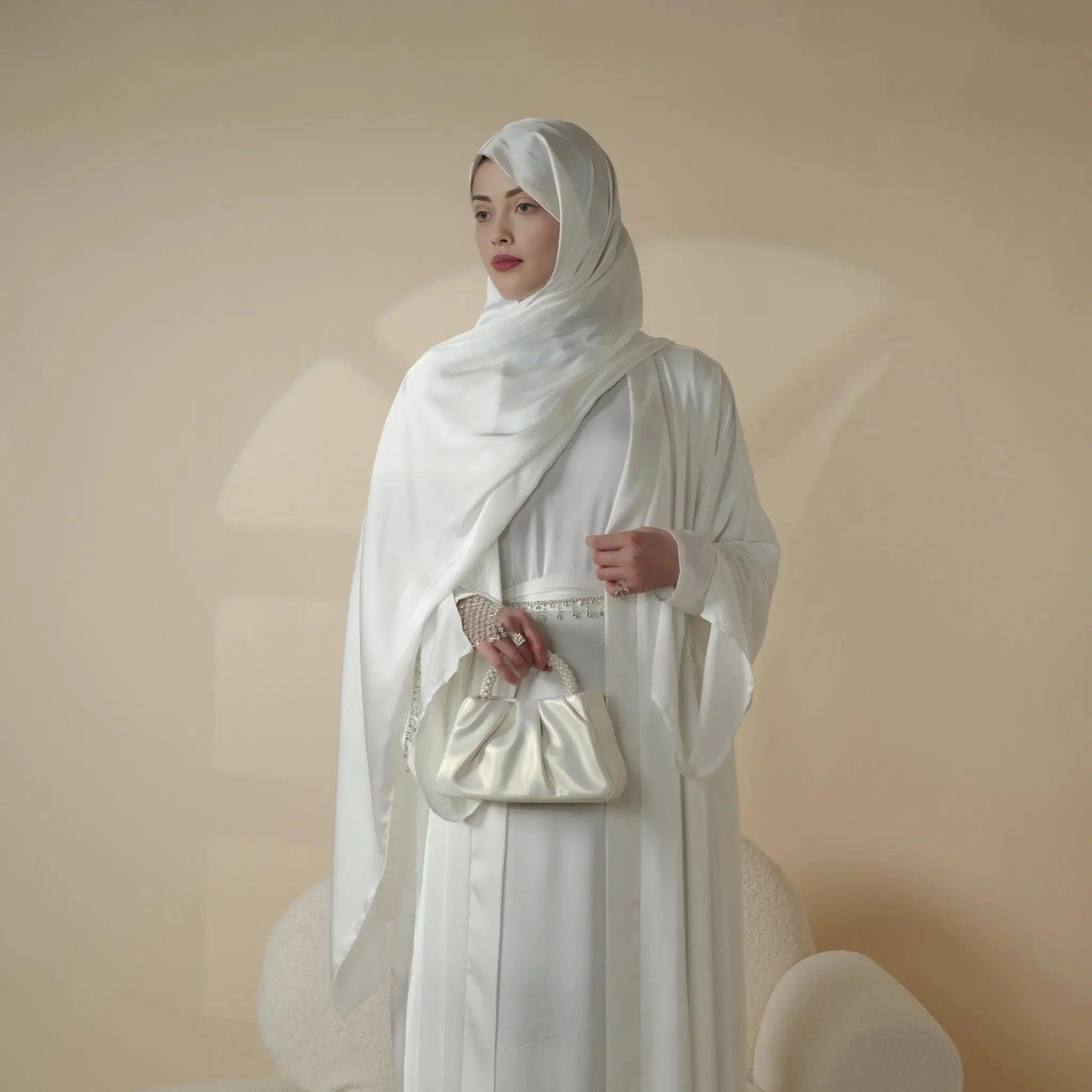 Luxury Satin Abaya With Diamond Tassels Belt, 6-Piece Set (MOA041)