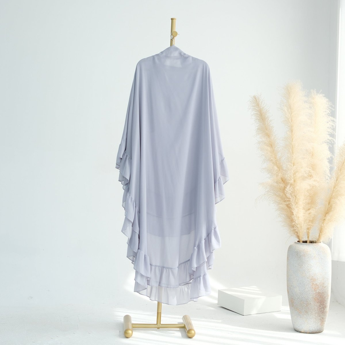 Soft Solid Color Muslim Hijabs with Flowy Cape Design | Double-Layer Ruffle-Edged Big Swing Headscarf (MK023)