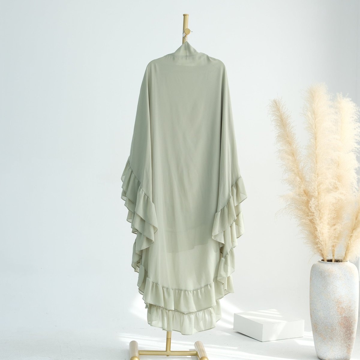 Soft Solid Color Muslim Hijabs with Flowy Cape Design | Double-Layer Ruffle-Edged Big Swing Headscarf (MK023)