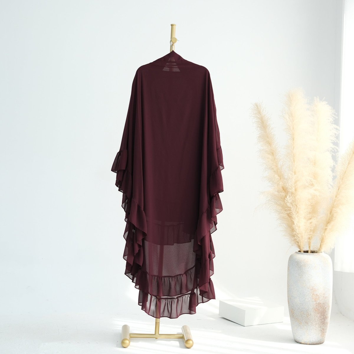 Soft Solid Color Muslim Hijabs with Flowy Cape Design | Double-Layer Ruffle-Edged Big Swing Headscarf (MK023)