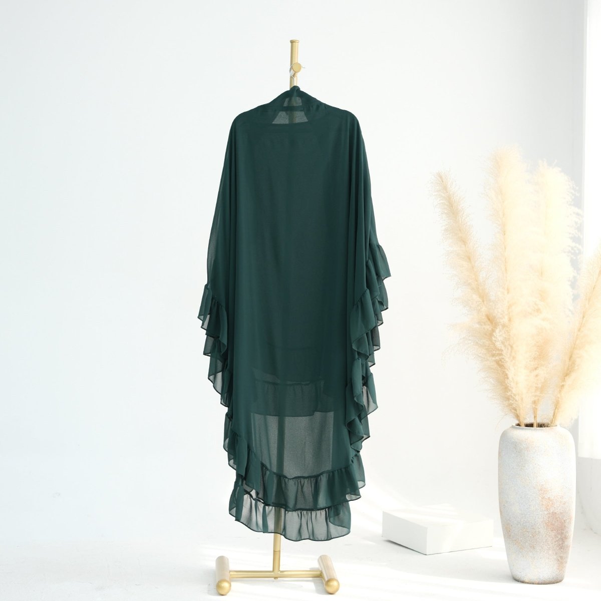 Soft Solid Color Muslim Hijabs with Flowy Cape Design | Double-Layer Ruffle-Edged Big Swing Headscarf (MK023)