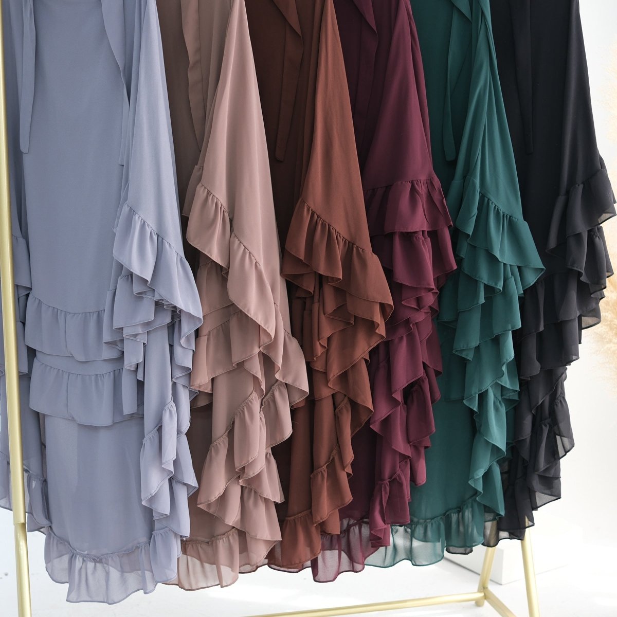 Soft Solid Color Muslim Hijabs with Flowy Cape Design | Double-Layer Ruffle-Edged Big Swing Headscarf (MK023)