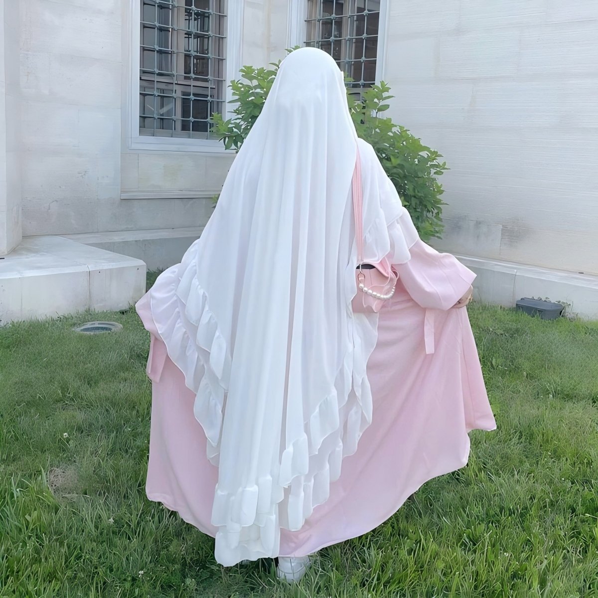 Soft Solid Color Muslim Hijabs with Flowy Cape Design | Double-Layer Ruffle-Edged Big Swing Headscarf (MK023)