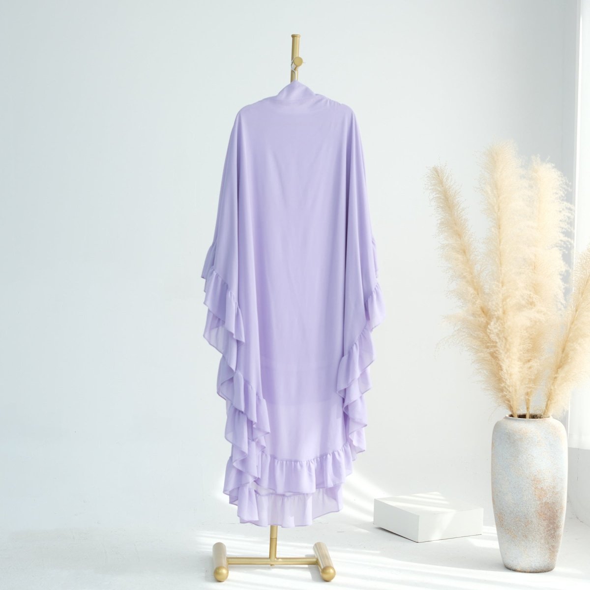 Soft Solid Color Muslim Hijabs with Flowy Cape Design | Double-Layer Ruffle-Edged Big Swing Headscarf (MK023)