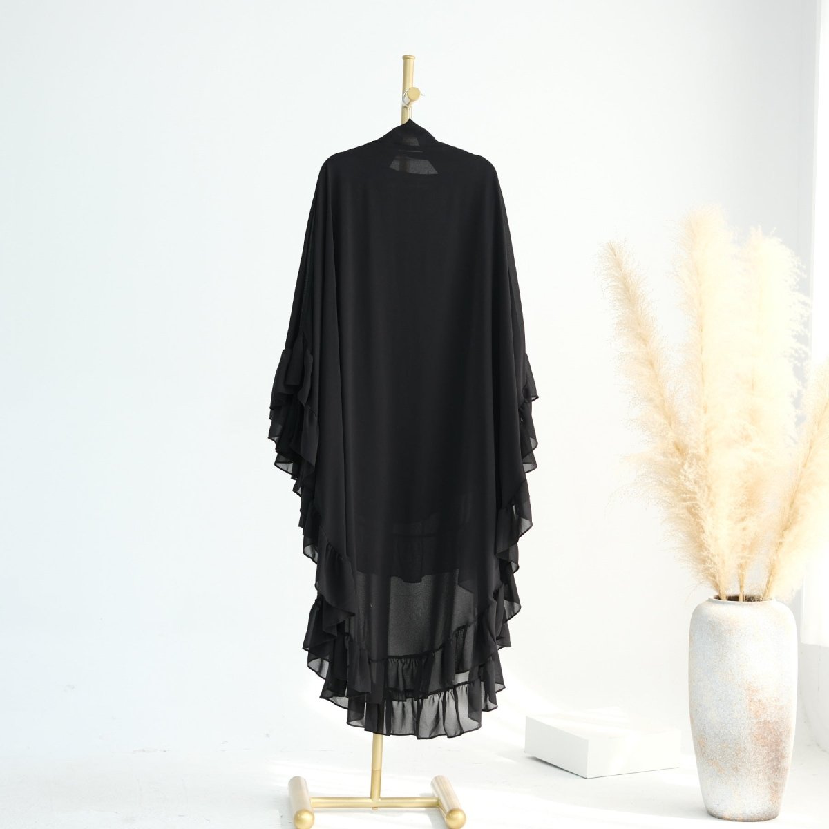 Soft Solid Color Muslim Hijabs with Flowy Cape Design | Double-Layer Ruffle-Edged Big Swing Headscarf (MK023)
