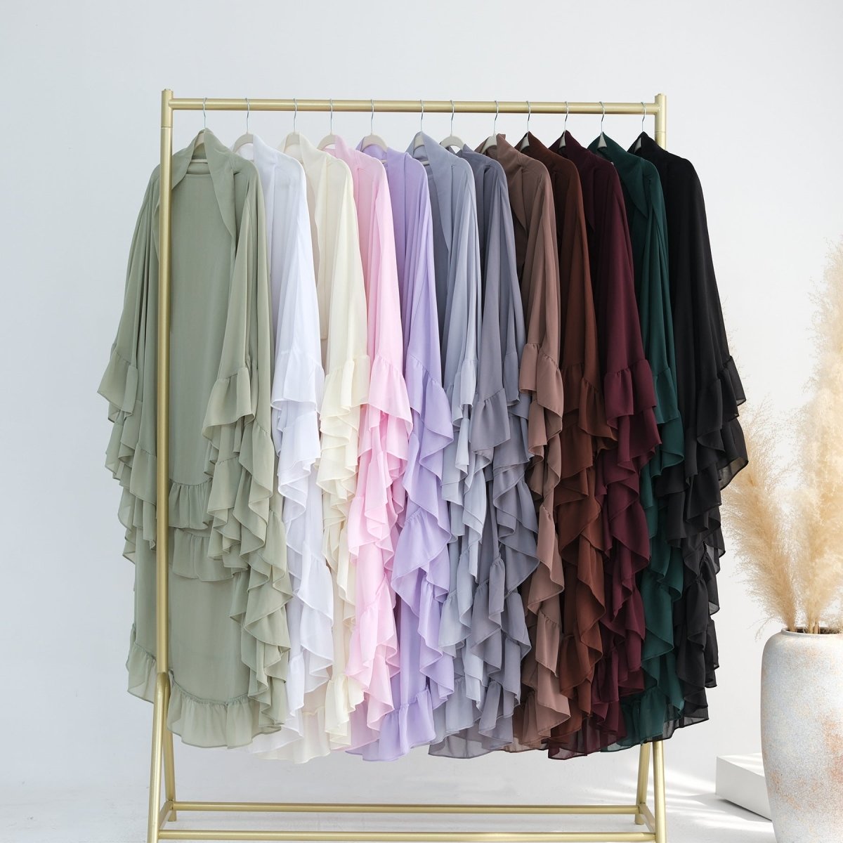 Soft Solid Color Muslim Hijabs with Flowy Cape Design | Double-Layer Ruffle-Edged Big Swing Headscarf (MK023)