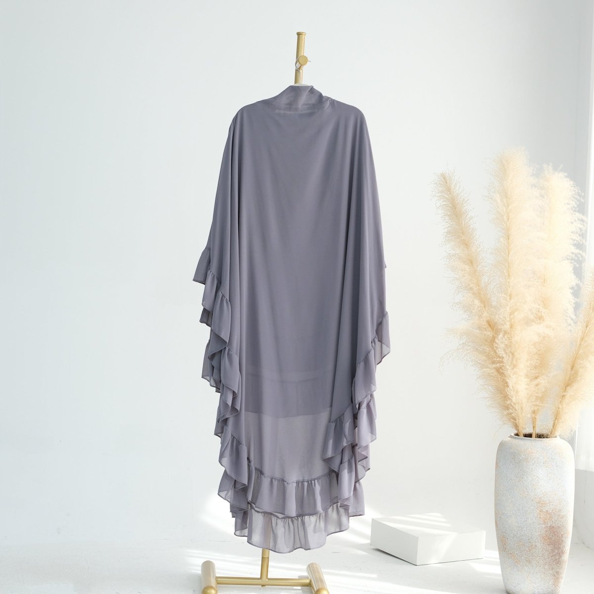 Soft Solid Color Muslim Hijabs with Flowy Cape Design | Double-Layer Ruffle-Edged Big Swing Headscarf (MK023)