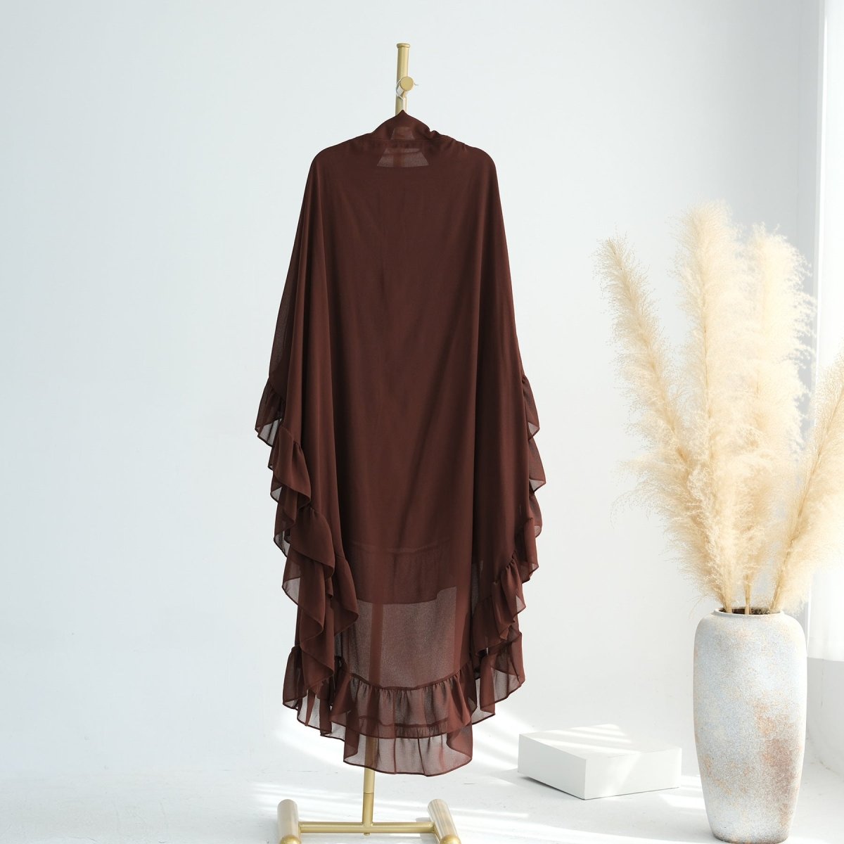 Soft Solid Color Muslim Hijabs with Flowy Cape Design | Double-Layer Ruffle-Edged Big Swing Headscarf (MK023)