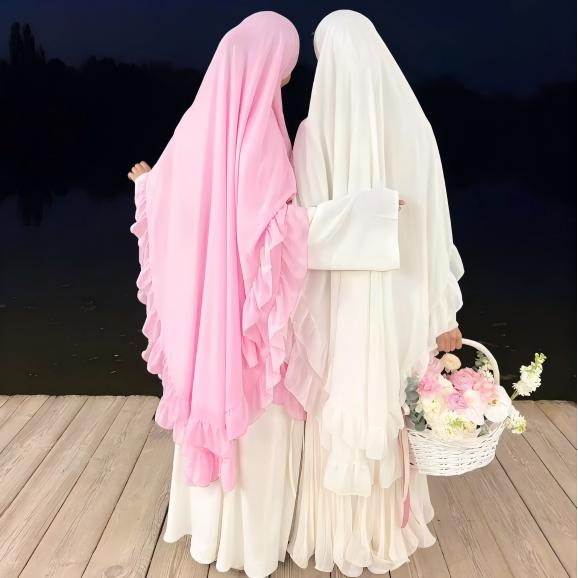 Soft Solid Color Muslim Hijabs with Flowy Cape Design | Double-Layer Ruffle-Edged Big Swing Headscarf (MK023)