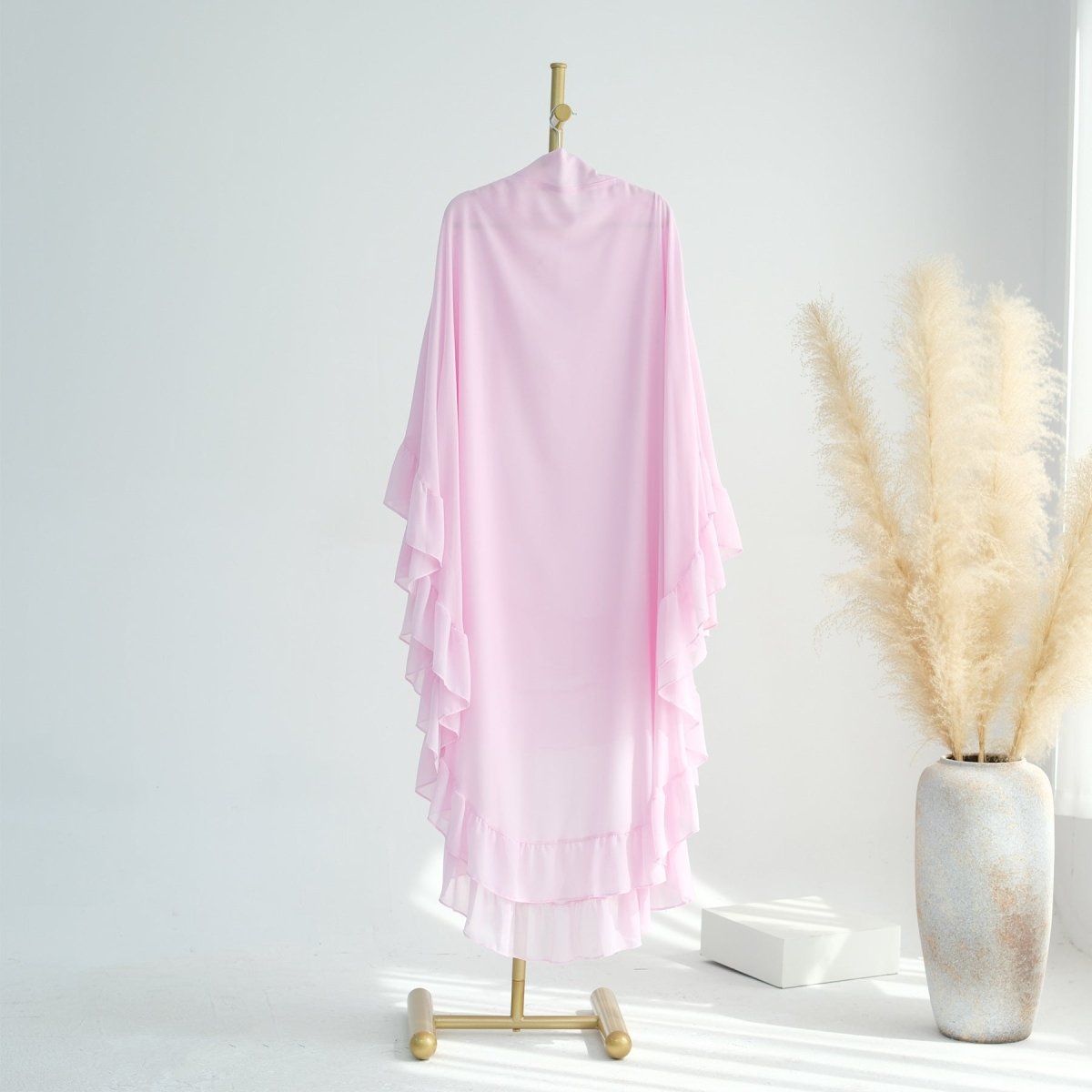 Soft Solid Color Muslim Hijabs with Flowy Cape Design | Double-Layer Ruffle-Edged Big Swing Headscarf (MK023)
