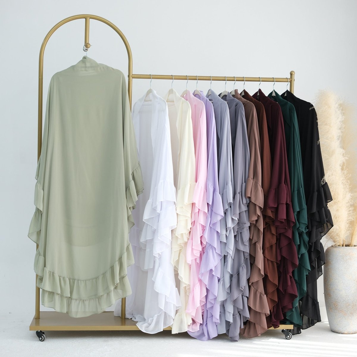 Soft Solid Color Muslim Hijabs with Flowy Cape Design | Double-Layer Ruffle-Edged Big Swing Headscarf (MK023)
