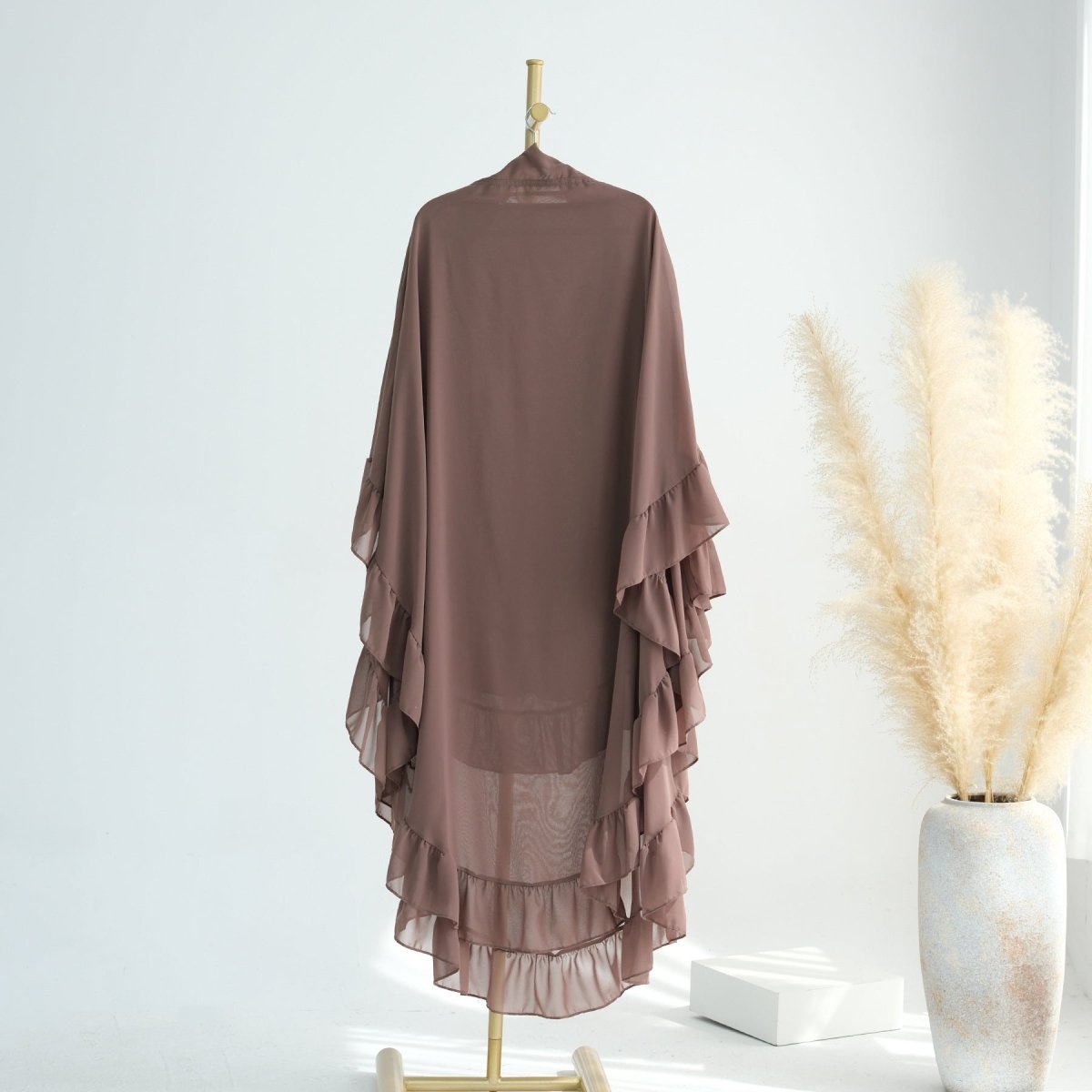Soft Solid Color Muslim Hijabs with Flowy Cape Design | Double-Layer Ruffle-Edged Big Swing Headscarf (MK023)