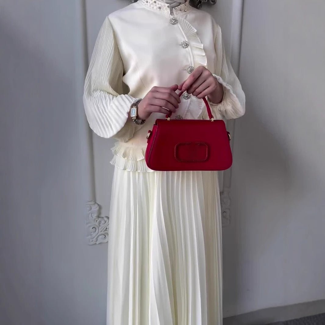 Modest Muslim Women's Pleated Loose Blouse & Skirt Set with Pearl Embellishments (MS080)