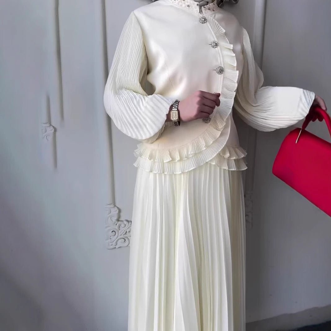 Modest Muslim Women's Pleated Loose Blouse & Skirt Set with Pearl Embellishments (MS080)