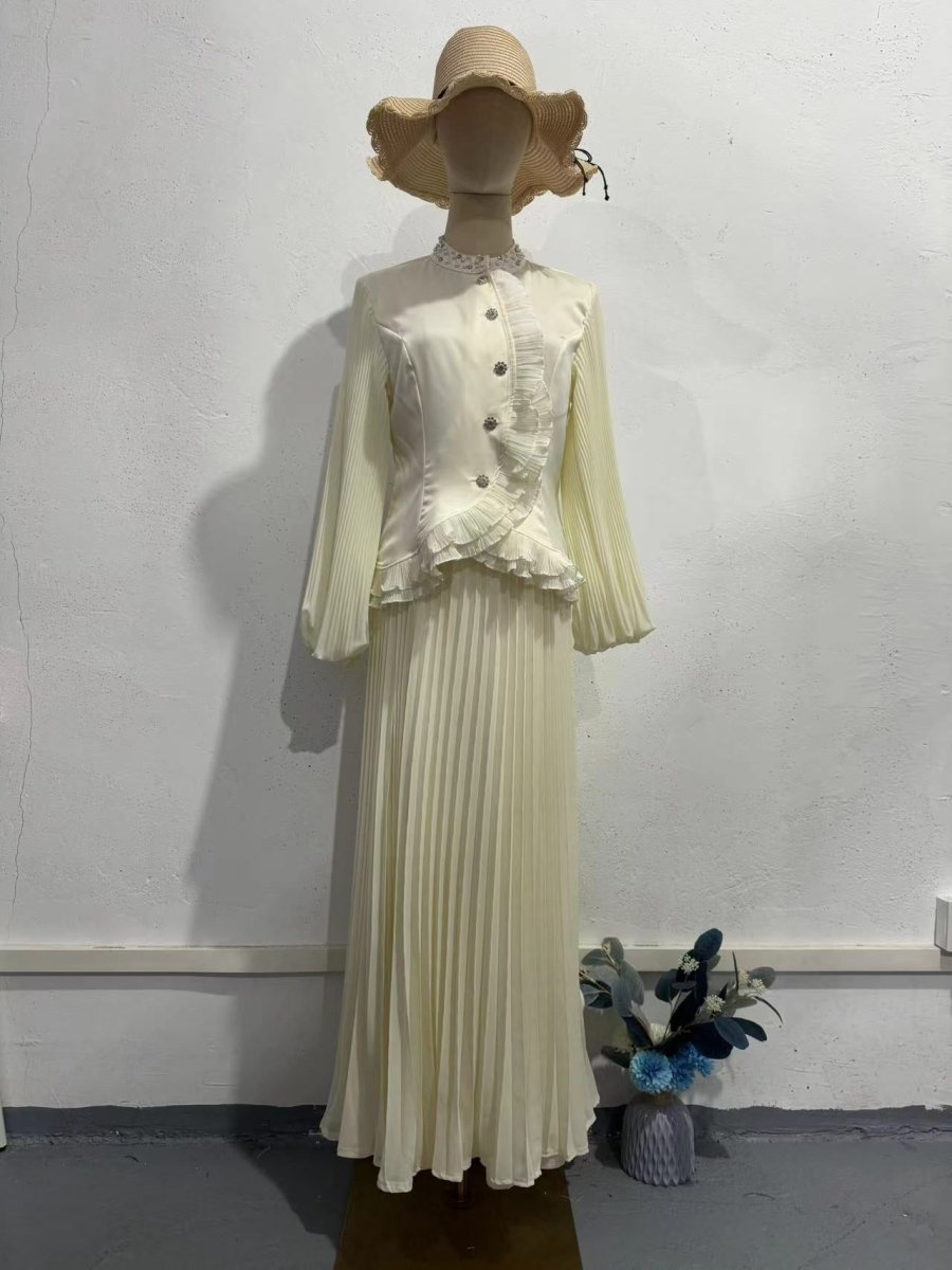 Modest Muslim Women's Pleated Loose Blouse & Skirt Set with Pearl Embellishments (MS080)