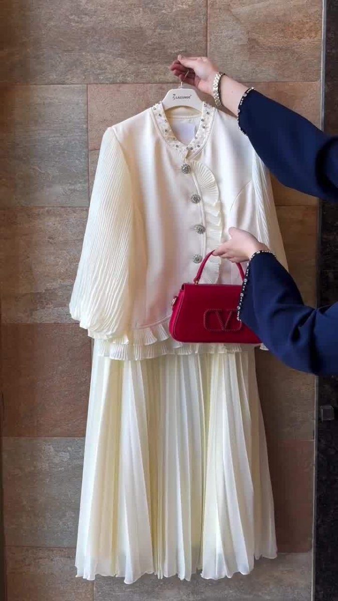 Modest Muslim Women's Pleated Loose Blouse & Skirt Set with Pearl Embellishments (MS080)