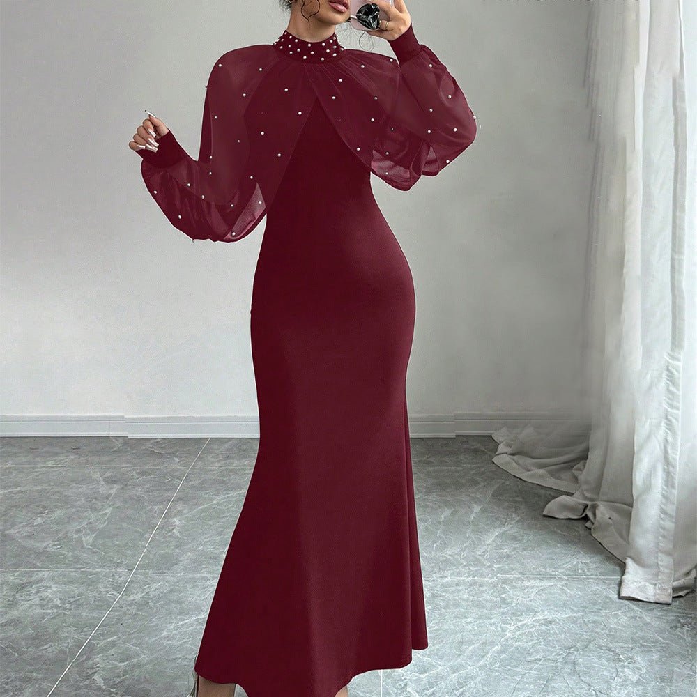 Pearl-Studded Dress with Sheer Puff Sleeves(MS328)