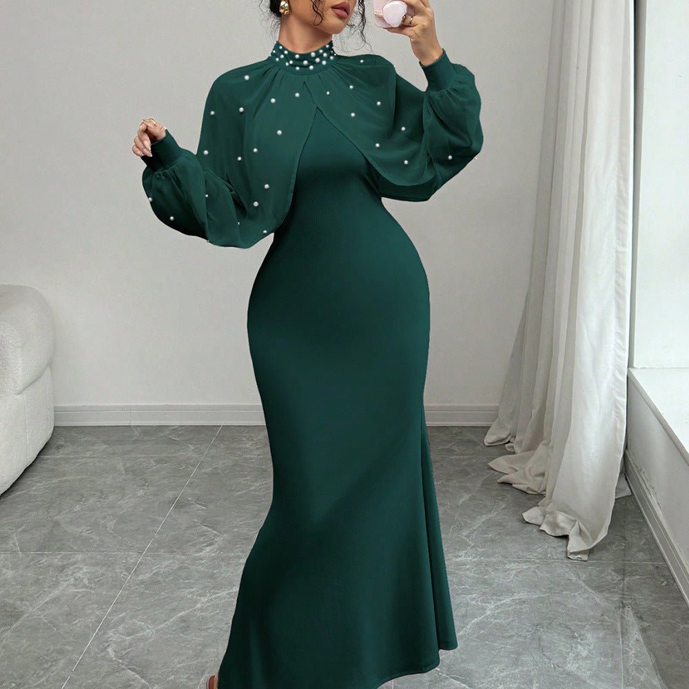 Pearl-Studded Dress with Sheer Puff Sleeves(MS328)