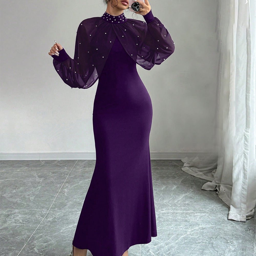 Pearl-Studded Dress with Sheer Puff Sleeves(MS328)