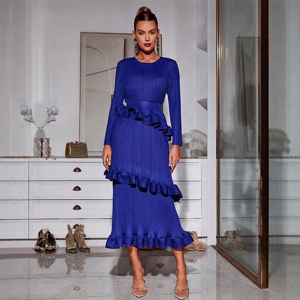 Pleated Tiered Ruffle Midi Dress(MS367)