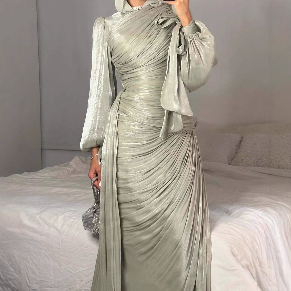 Ruched Evening Dress | Puff Sleeve Bodycon Maxi Dress(MS280)