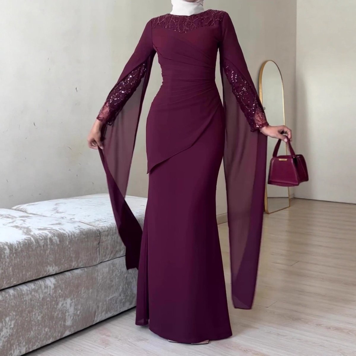 Sequin Embellished Formal Dress | Long Sleeve Ruched Bodycon Dress(MS272)
