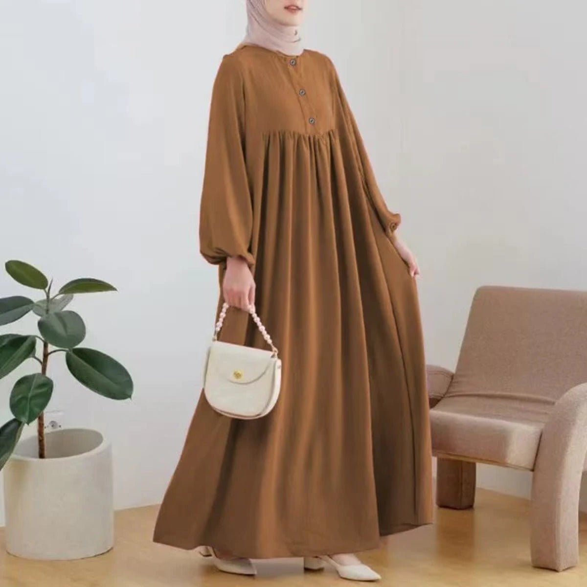 Solid Color Bubble Sleeve with Button Casual & Elegant Long Maxi Dress Abaya (MA157)