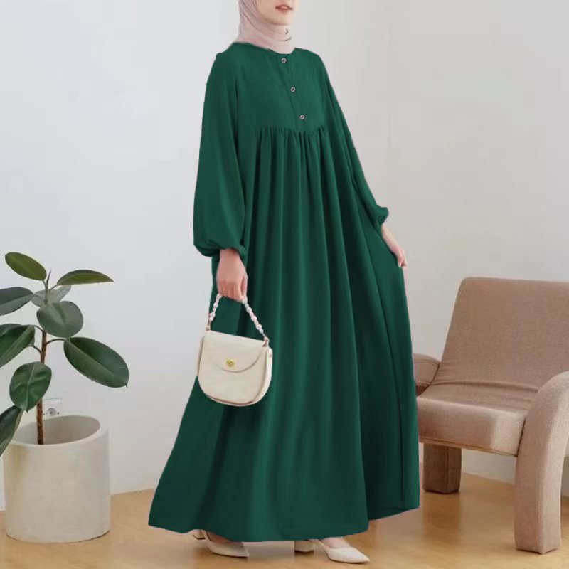 Solid Color Bubble Sleeve with Button Casual & Elegant Long Maxi Dress Abaya (MA157)