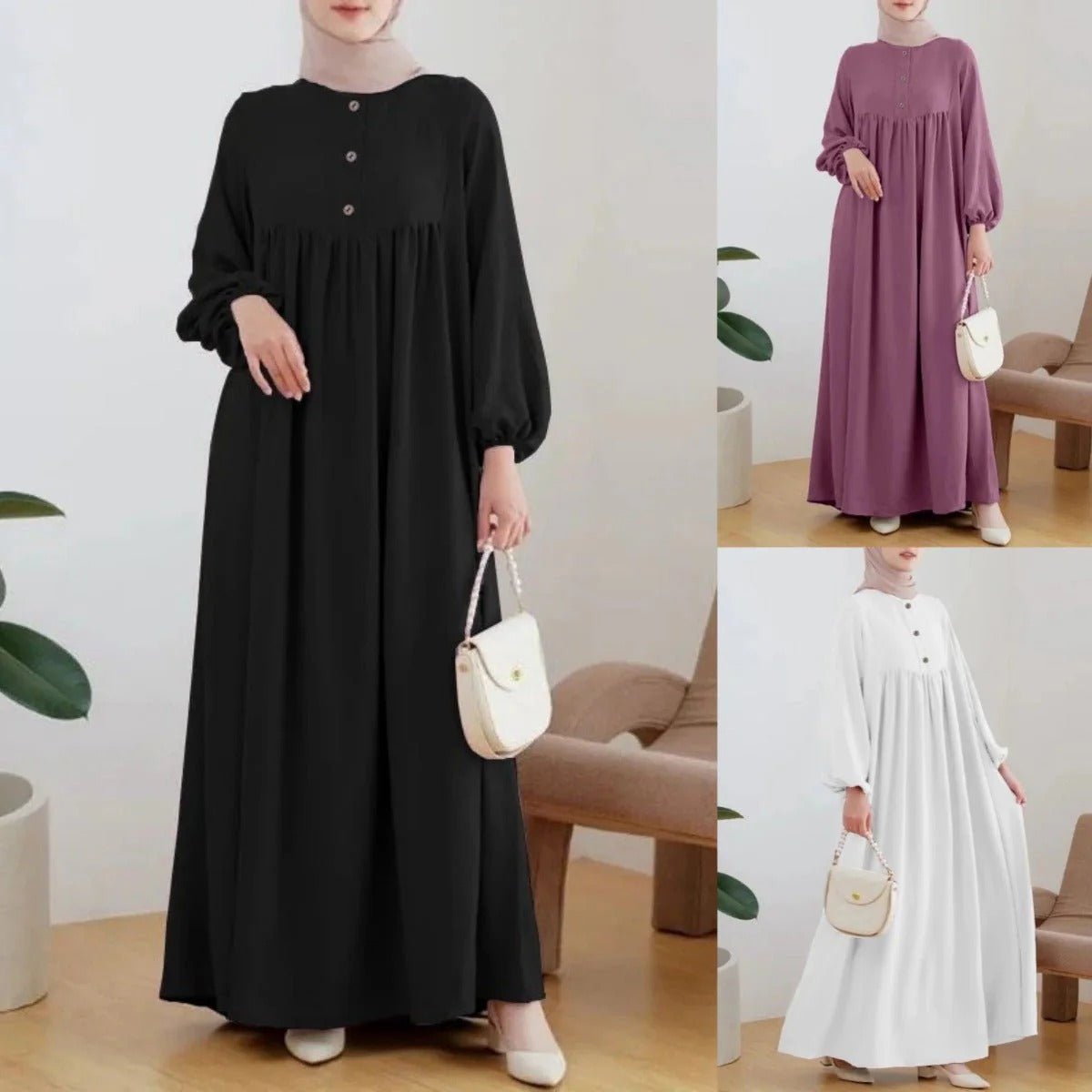Solid Color Bubble Sleeve with Button Casual & Elegant Long Maxi Dress Abaya (MA157)