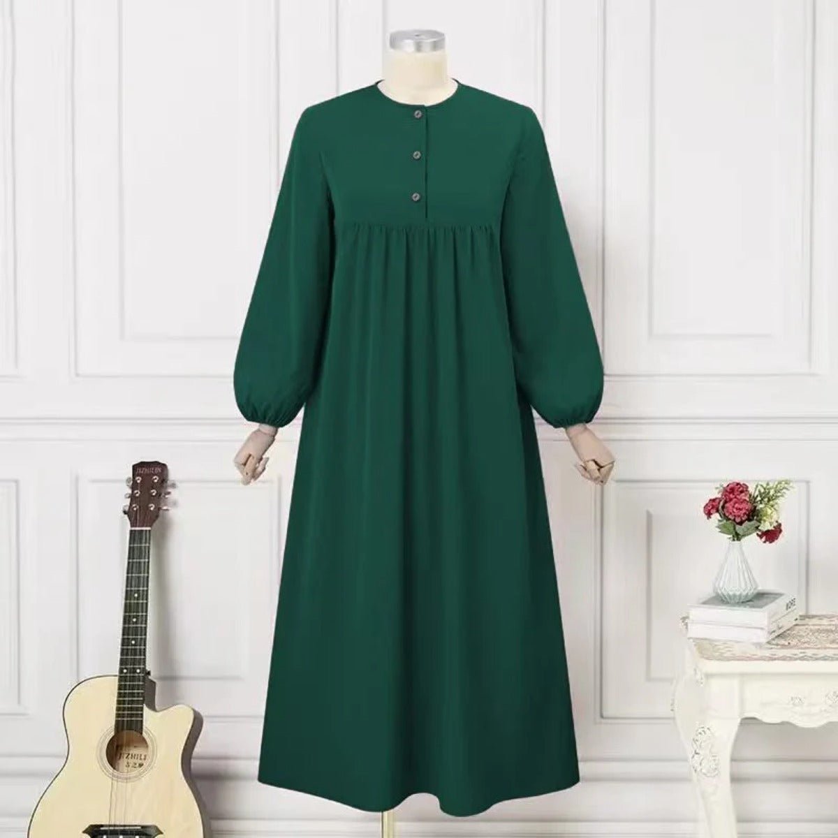 Solid Color Bubble Sleeve with Button Casual & Elegant Long Maxi Dress Abaya (MA157)