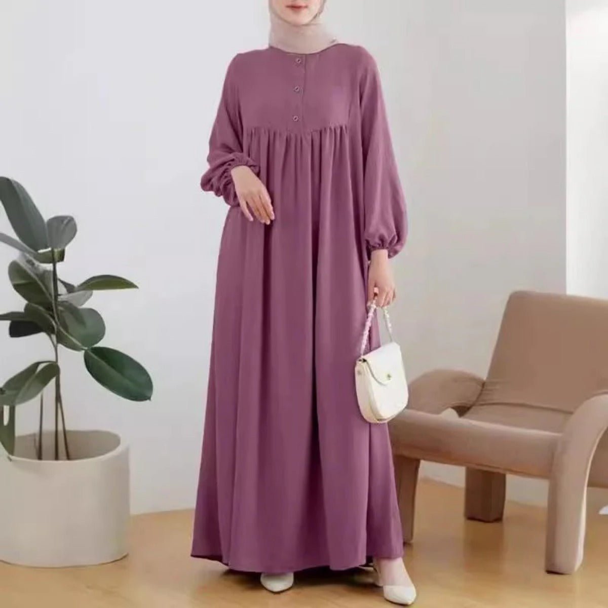 Solid Color Bubble Sleeve with Button Casual & Elegant Long Maxi Dress Abaya (MA157)