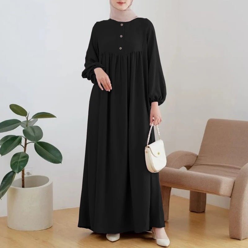 Solid Color Bubble Sleeve with Button Casual & Elegant Long Maxi Dress Abaya (MA157)