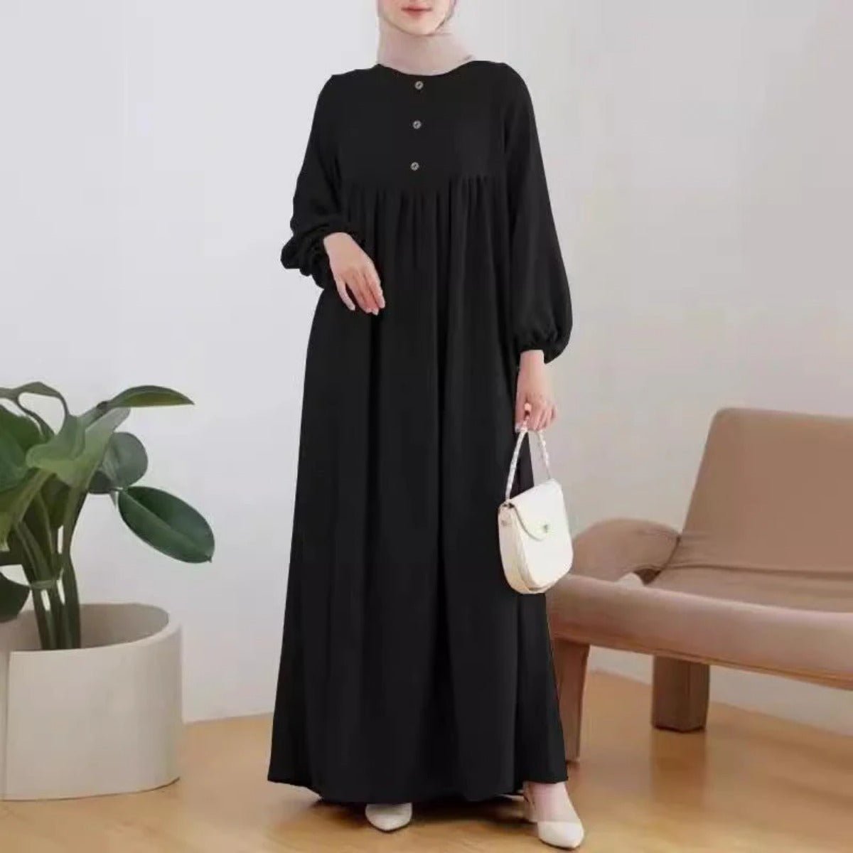 Solid Color Bubble Sleeve with Button Casual & Elegant Long Maxi Dress Abaya (MA157)