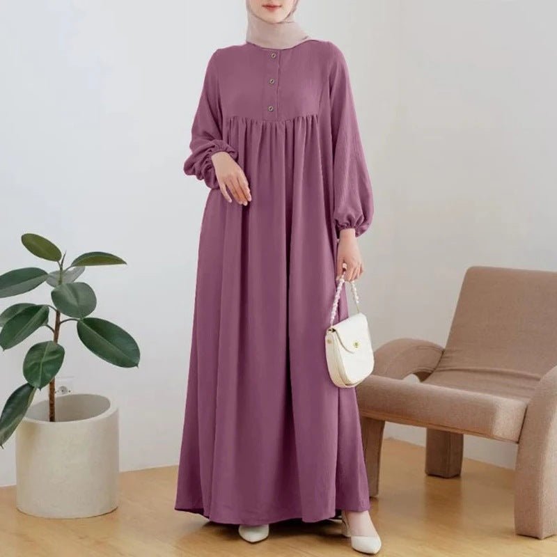 Solid Color Bubble Sleeve with Button Casual & Elegant Long Maxi Dress Abaya (MA157)