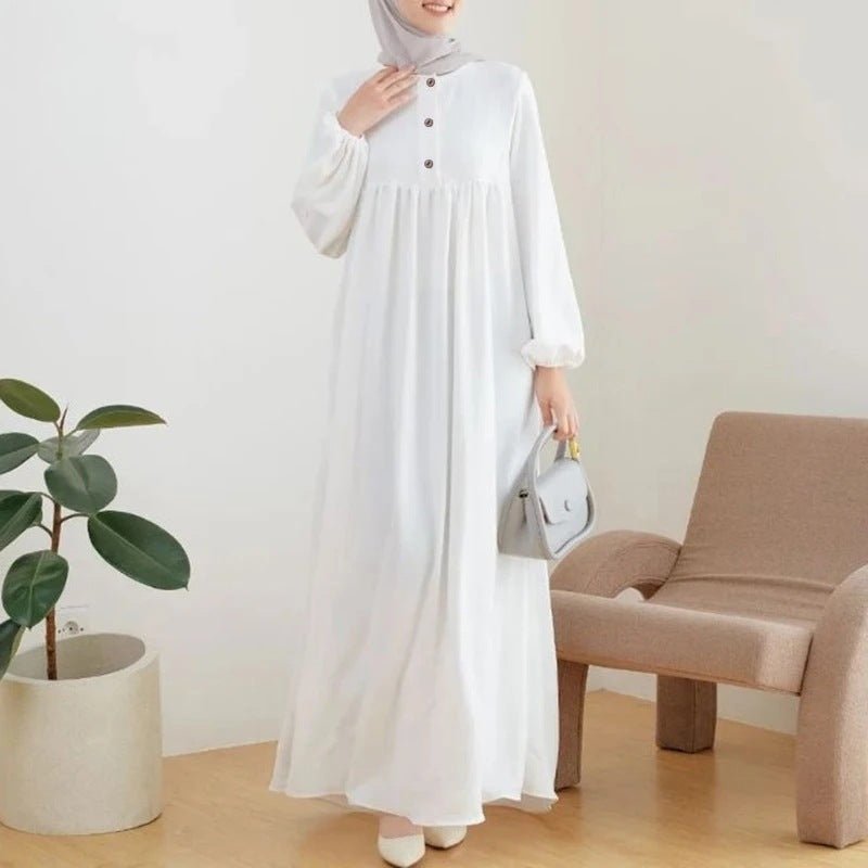Solid Color Bubble Sleeve with Button Casual & Elegant Long Maxi Dress Abaya (MA157)