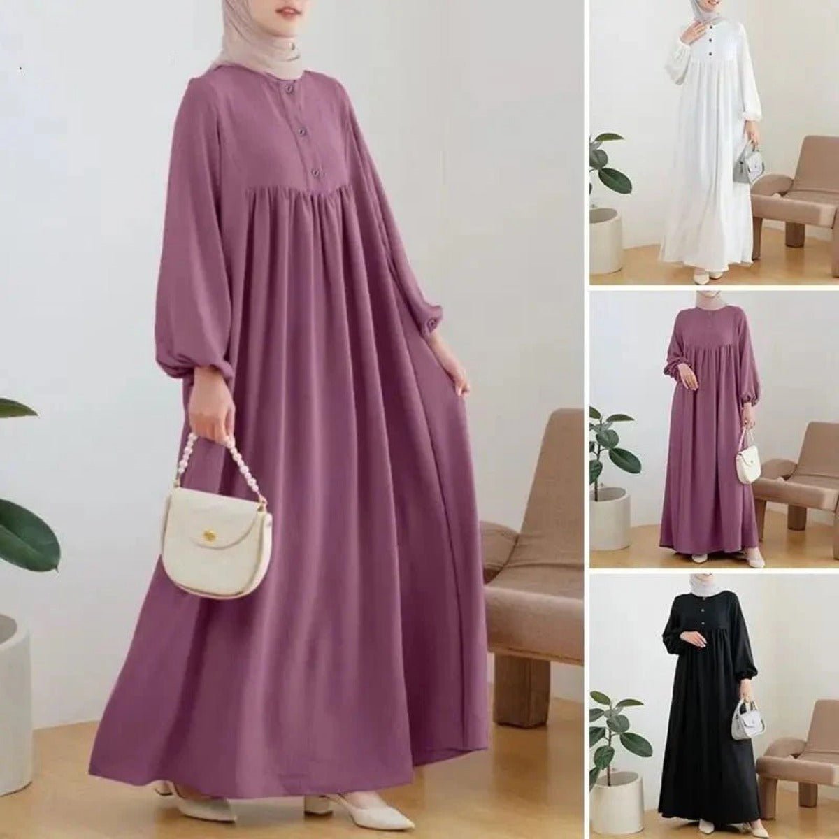 Solid Color Bubble Sleeve with Button Casual & Elegant Long Maxi Dress Abaya (MA157)