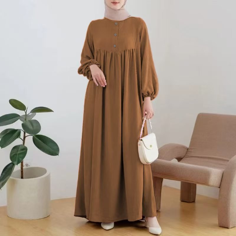 Solid Color Bubble Sleeve with Button Casual & Elegant Long Maxi Dress Abaya (MA157)