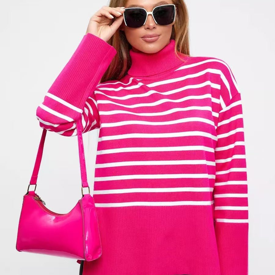 Striped Turtleneck Sweater | Oversized Colorblock Pullover(MS252)