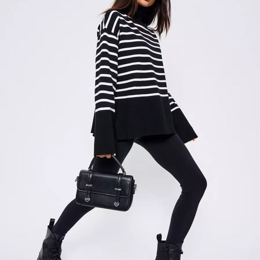 Striped Turtleneck Sweater | Oversized Colorblock Pullover(MS252)