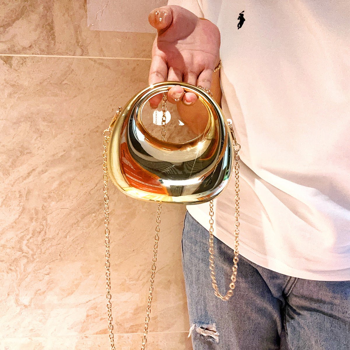 Trendy Acrylic Handbag for Women - Shiny Metal Crossbody / Shoulder Tote (Mini Crescent Design)(MAC239)