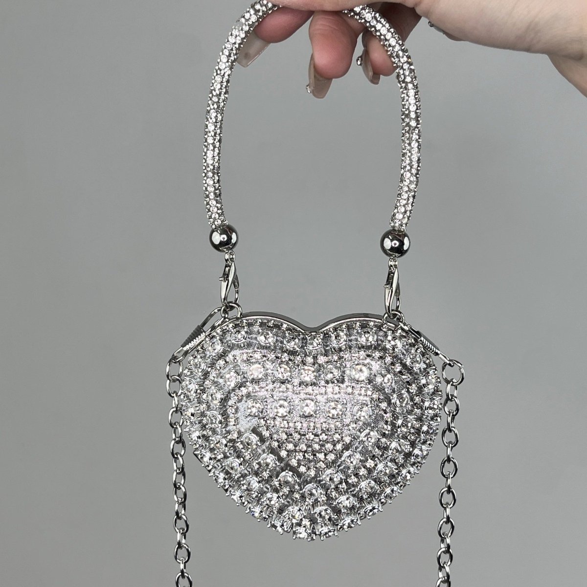 Trendy Mini Heart Chain Clutch Bag with Rhinestones – Elegant Evening Crossbody Purse for Women(MAC240)