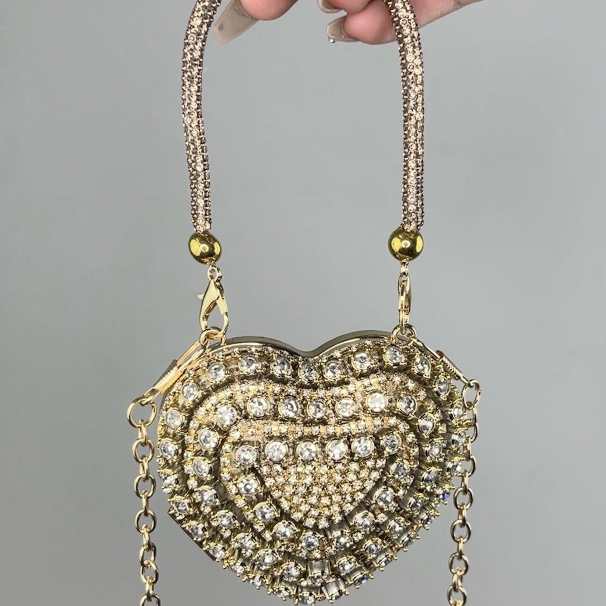 Trendy Mini Heart Chain Clutch Bag with Rhinestones – Elegant Evening Crossbody Purse for Women(MAC240)
