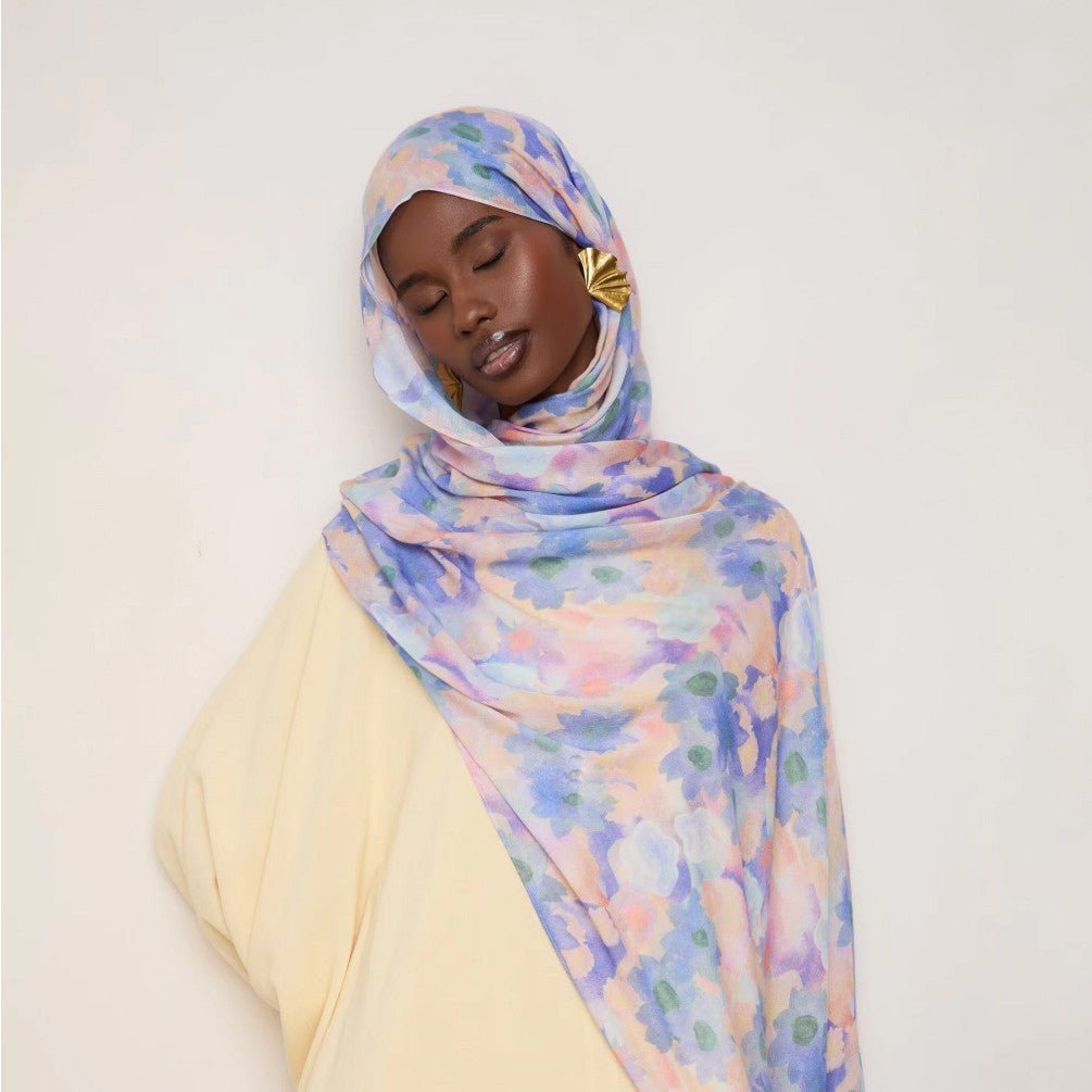 Vibrant Floral Print Scarf Hijab | Lightweight Botanical Headscarf (MH159)