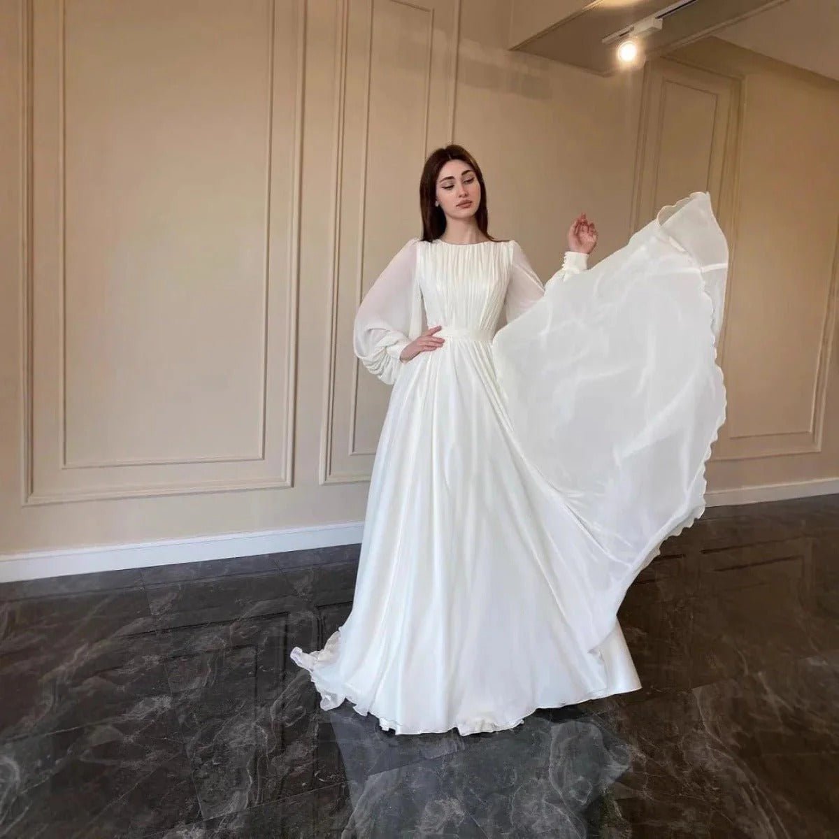 White Chiffon Princess Dress Abaya with Lantern Sleeves | Elegant Spring Fairy Swing French Court-Style Abaya (MA180)