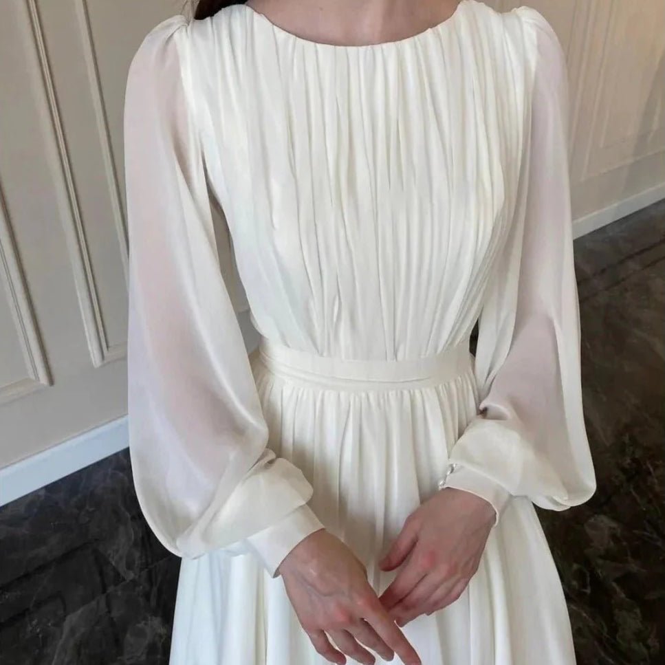 White Chiffon Princess Dress Abaya with Lantern Sleeves | Elegant Spring Fairy Swing French Court-Style Abaya (MA180)
