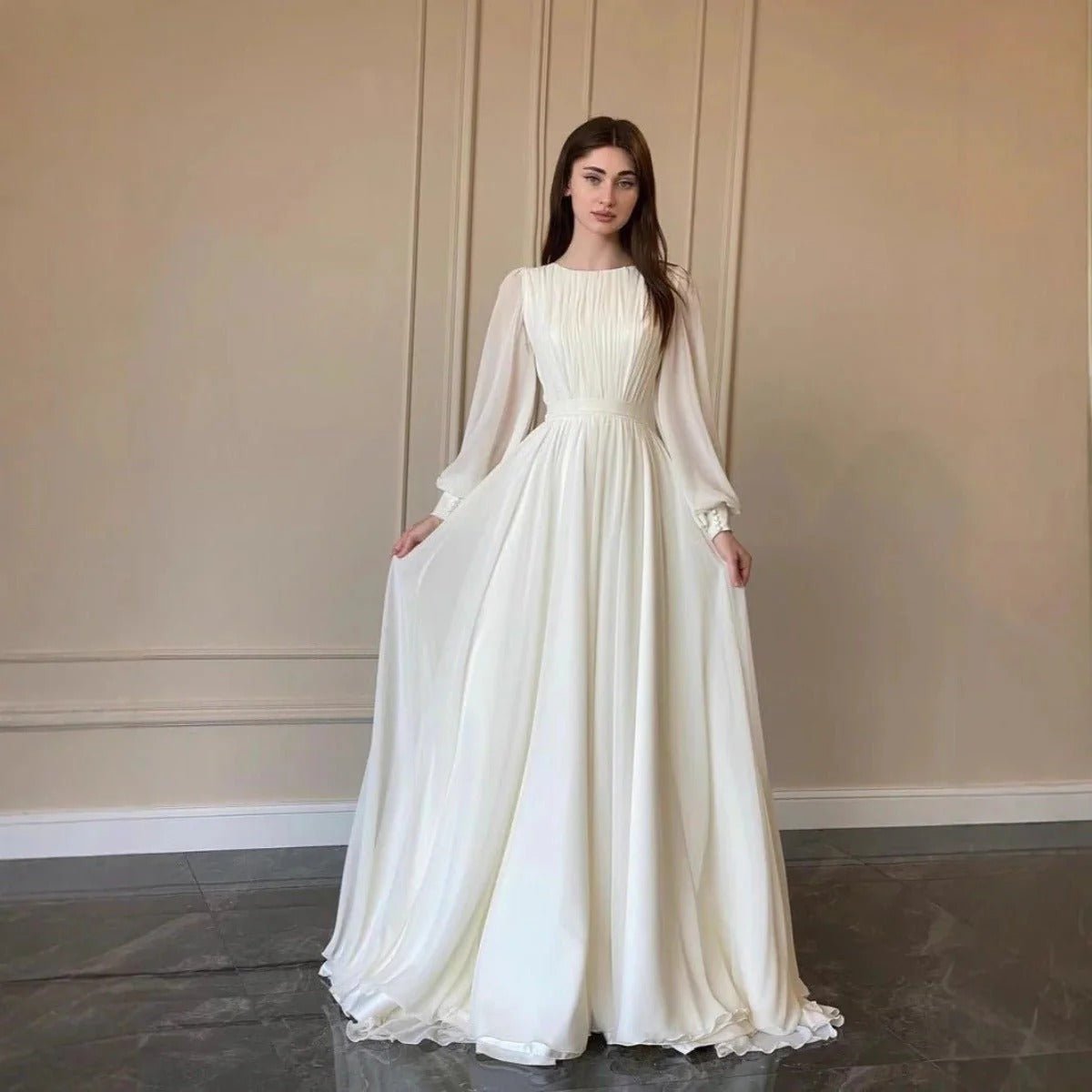 White Chiffon Princess Dress Abaya with Lantern Sleeves | Elegant Spring Fairy Swing French Court-Style Abaya (MA180)