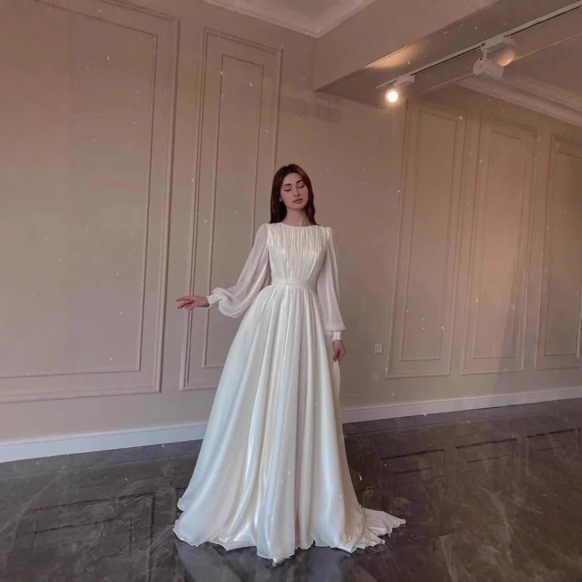White Chiffon Princess Dress Abaya with Lantern Sleeves | Elegant Spring Fairy Swing French Court-Style Abaya (MA180)