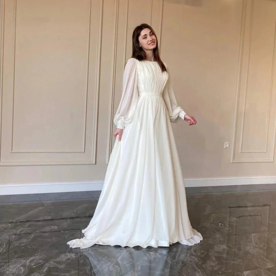 White Chiffon Princess Dress Abaya with Lantern Sleeves | Elegant Spring Fairy Swing French Court-Style Abaya (MA180)