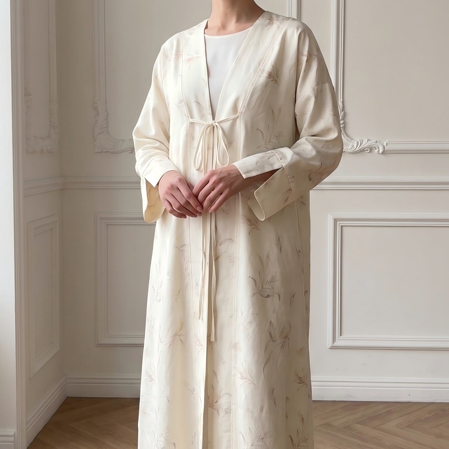 Floral Bird Print Satin Open Abaya(MOA322)