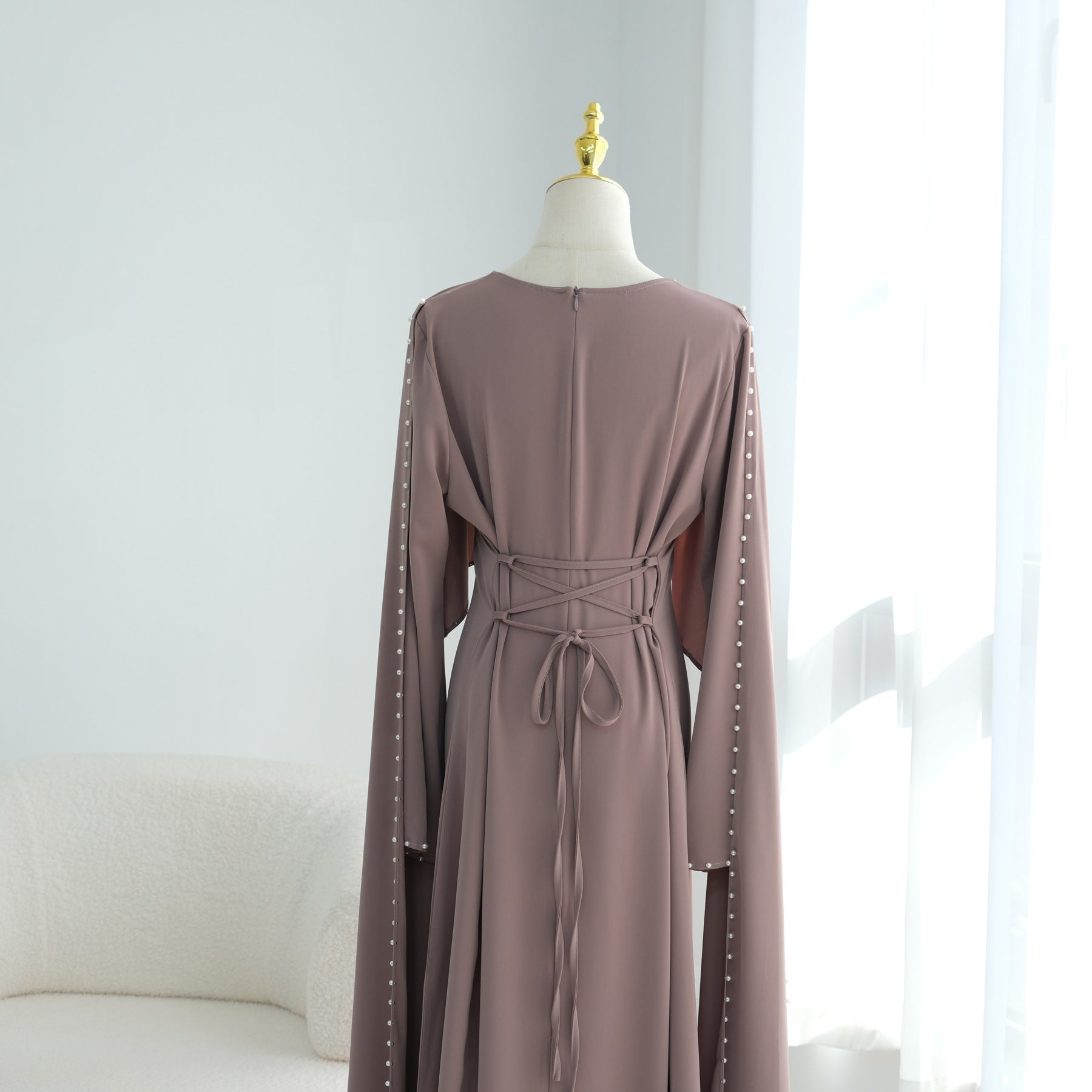 Hand-Beaded Pearl Cape Sleeve Nida Maxi Dress(MS439)